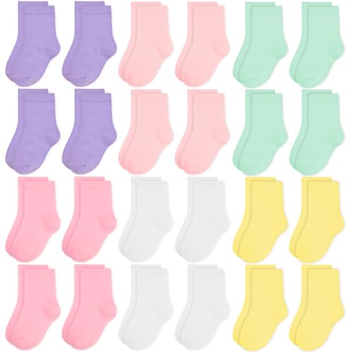 ZERULETS 24 Paar Kinder Socken Mädchen Sneakersocken Kindersocken Schulkind Socken Mädchen Sportscoken Weiß Rosa Lila Gelb für 4-7 Jahre