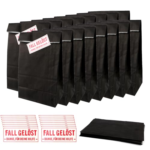 16 Stück Papiertüten zum Befüllen mit 16 Aufkleber Detektiv, Geschenktüten Kindergeburtstag, Geschenktasche Mitgebsel Tüten aus Kraftpapier, Schwarz Fall Gelöst Detektivparty für Junge, Mädchen