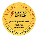 50 Prüfplaketten Elektrocheck 2024 - ø 30mm - 2025-2030 - nachhaltig - gelb - geprüft gemäß VDE - Nächster Prüftermin - Aufkleber Prüfaufkleber Prüfetiketten E-Check Elektrocheck