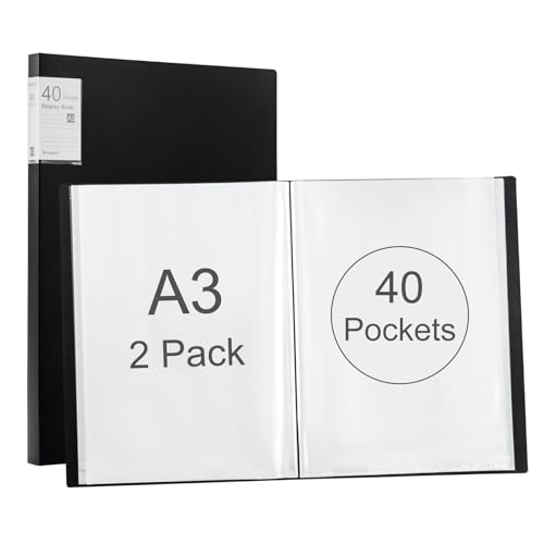 Srvnpioy 2 Stück A3 Päsentationsdisplay Buch, Sichtbuch in A3 Format, Mit 40 Klarsichthüllen für 80 Blatt, für Kunstwerke, Urkunden, Portfolio, Schwarz