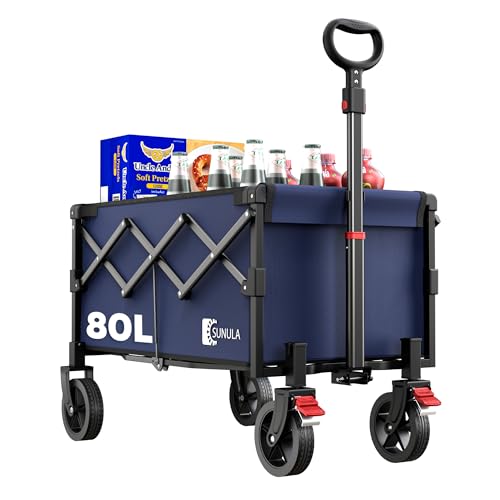SUNULA Bollerwagen Faltbar Klein 80L 100KG, Faltbarer Bollerwagen Klappbarer Handwagen mit Halbiertem Eigengewicht, Bollerwagen Geländegängig mit Bremsen, Blau