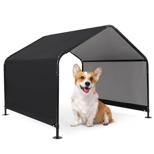 COSTWAY Hundehütte Outdoor, Hundezelt für große, mittlere & kleine Hunde, Haustierzelt wasserabweisend, mit Regenvordach & Bodenpfählen, Metallrahmen, 129 x 124 x 108 cm, Schwarz