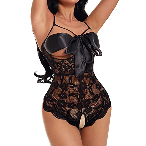 QWUVEDS sexy Dessous Damen für Sex dursichtige Unterwäsche Sport BH Damen Sexy Bowknot Teddy Dessous Set für Frauen Braut Flitterwochen Valentinstag Dessous Für Mollige (Black, L)