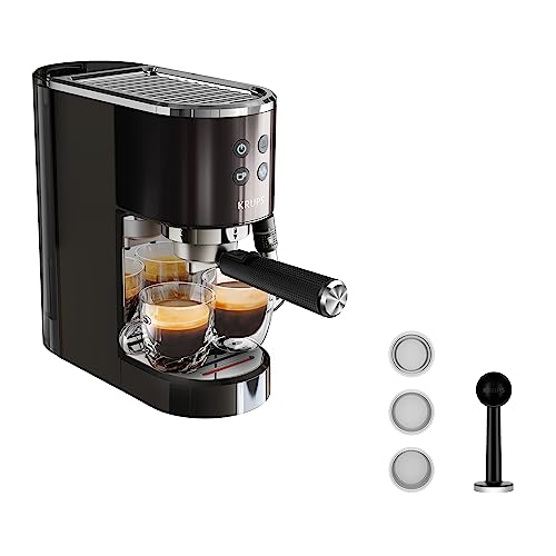 Krups XP444G Virtuoso+ Espresso-Siebträgermaschine | 15 bar Pumpendruck | 3 Crema-Filter | Edelstahl-Dampfdüse | intuitives Bedienfeld | Drehregler | inkl. Dosierlöffel/Tamper | Chrom/Schwarz