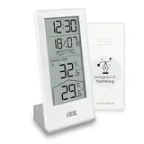 ADE Funkuhr digital mit Temperaturanzeige und Außensensor | Thermometer für Innen- und Außentemperatur | Trendanzeige | Tischuhr mit Datum und Wochentag | inkl. Batterien | weiß