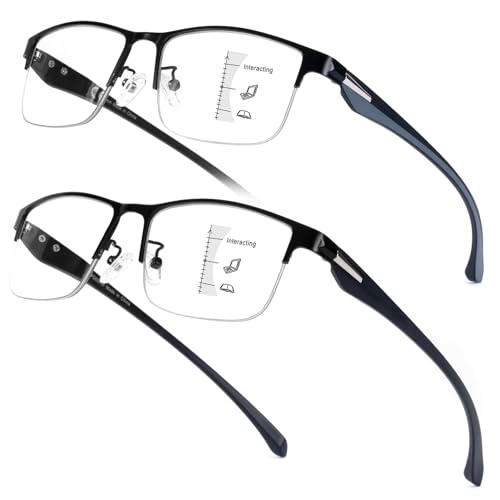 Missfive 2 Pack Gleitsichtbrille Herren Progressive Multifokus Lesebrille, TR90 Bügel Blaues Licht Blocking Anti UV/Augenbelastung Gleitsicht Lesebrille No-Line Halbrahmen Multifokalbrille, 2.5x