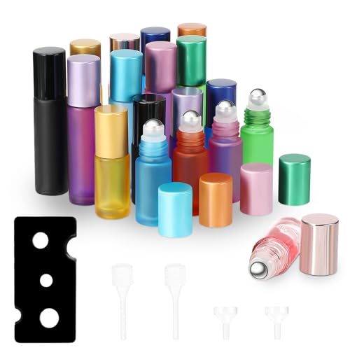 Zikenis 18 Stück Roll on Glasflaschen für Ätherisches Öl, Bunt Roll on Flasche Leer 10ml 5ml, Rollon Flaschen mit Edelstahl-Roller, Öffner, Trichter, Tropfer, für Ätherische Öle, Parfüm, Massage