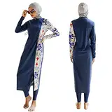 Odizli Damen Langarm UV-Schutz Floral Badeoberteil + Badehose + Hijab Burkini muslimischer islamischer Badeanzug, Marineblau., XL