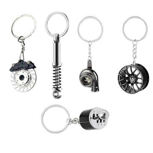 LightBeacon 5 Stück Autoteile Schlüsselanhänger, Metall Auto Motorrad Schlüsselanhänger, Turbolader Keychain, Schalthebel Schlüsselanhänger, für Jungs, Geburtstagsgeschenk Kreatives Auto-Styling