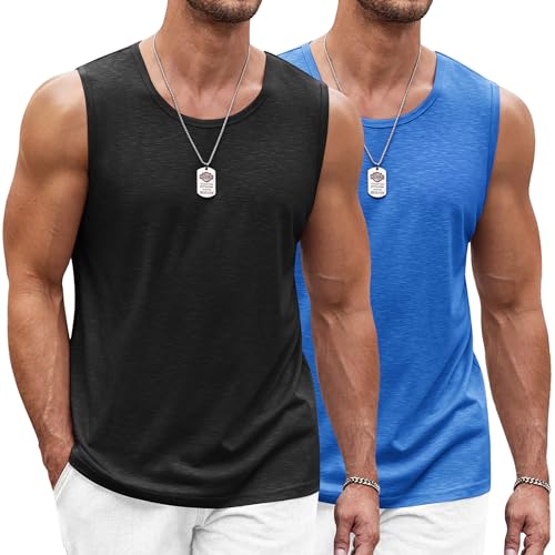 COOFANDY Herren Tank Top Ärmelloses Shirt Fitness Achselshirt Muskelshirt Schnelltrocknendes Gym Sleeveless Funktionsshirt Sport Laufshirt für Männer Schwarz/Blau L