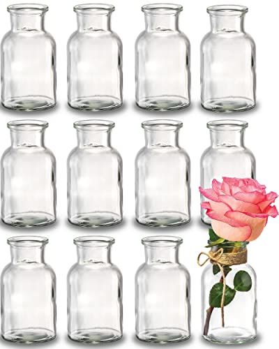 Praknu 12 Mini Glasvasen - 10 cm hoch - Inklusive Juteschnur - Vintage Design - Traumhafte Deko für Hochzeit - Spülmaschinenfest