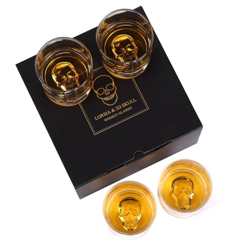 Totenkopf Whiskeyglas, 2er Set in Geschenkbox - 300 ml Kristall Whiskygläser für Scotch, Cocktails, Rum, Cognac, Wodka, Likör, Halloween, Weihnachten, Erntedankfest Geschenke für Männer