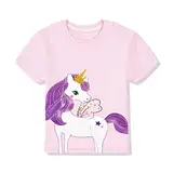 Mädchen T Shirt Kinder Shirt Baumwoll Tops Einhorn Kurzärm Mädchen Sommer Tops Stickerei Design mit Aufdruck und Farbe im Shirt,Rosa 3-4 Jahre