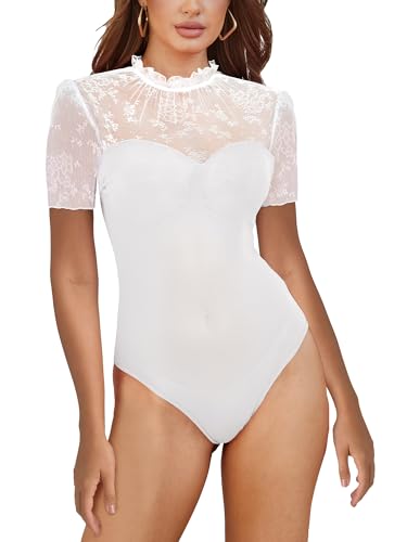 SEBOWEL Damen Spitze Bodys Weiß Sexy Mesh Body V-Ausschnitt Kurzarm Bodysuit Elegant Spitze Oberteile M