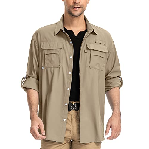 yeyity Herren Safari Hemd UPF50 UV Schutz Langarm Outdoor Hemd Casual Freizeithemden Schnelltrocknendes Funktionshemd für Wandern Angeln Reisen Trekking(5052,Khaki,L)