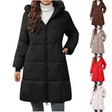 NACQZLI Daunenjacke Damen Lang Einfarbig Steppjacke Winterjacke mit Kapuze Reißverschluss Steppmantel Warm Daunenmantel Langärmlig Pufferjacke Wintermantel Windbreaker Windjacke Kapuzenjacke