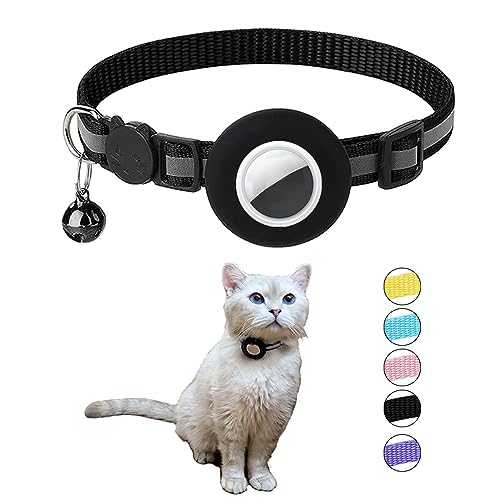 Hepplly Reflektierende Airtag Katzenhalsband mit Glocke und Airtag Halter, kompatibel mit Airtag, Katzenhalsband mit zerbrechlicher Sicherheitsschnalle für Kätzchen, Katze（Schwarz）