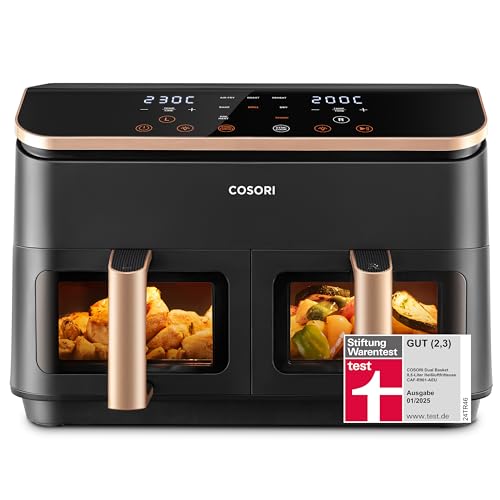 COSORI Heißluftfritteuse 2 Kammern, Testsieger der Stiftung Warentest, 6-in-1 Dual Zone Airfryer 8,5 L, Doppelkammer mit Sichtfenster für vollständige Mahlzeit, Gold
