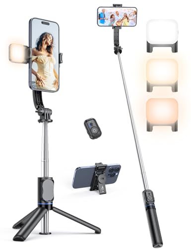 Selfie Stick mit Abnehmbarer Handyhalterung,106 cm Ausziehbares Handy Stativ mit Fernbedienung, 360° Drehbarer StativStänder für iPhone, Samsung und Android-Smartphones (Schwarz mit fülllicht)