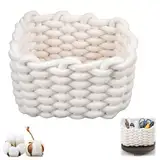 Aufbewahrungskorb aus Baumwolle, Weißes Geflochtenes Körbchen mit DickgarnGeflecht, Badezimmer-Organizer für Schreibtisch & Schminktisch Wickeltisch, Kosmetik, Desktop – Kleine Aufbewahrungsbox