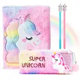 Einhorn Notizbuch Set,Plüsch Notizbücher für Kinder, Plüsch Geheimes Tagebuch Set mit 2 Gelstiften und Einhorn Bleistiftbeutel, Geschenke für Mädchen 6 7 8 9 10 11 12 Jahre (Farbig-ohne Schloss)