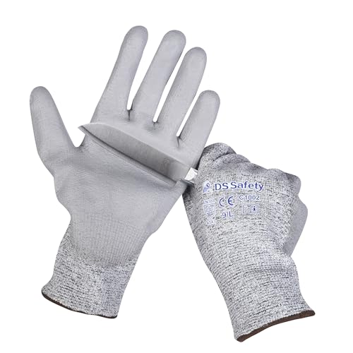 DS Safety PU beschichtung Schnittschutz Handschuhe Handschutz für Schneiden Arbeitshandschuhe Level 5 Grau 12 Paare Größe:9/L