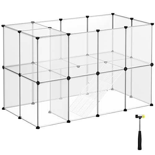 SONGMICS Gehege, Laufstall, Freigehege für Kaninchen, mit Treppen, 143 x 73 x 91 cm, aus Kunststoff, für Kleintiere, Meerschweinchen, Hamster, transparent LPC005W01