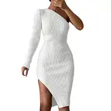 Strickkleid Damen Pulloverkleid Off Shoulder Winterkleid Langarm Mini Pullover Kleid, Freizeitkleid Tops Casual Knitted Dress Elegant Sexy Kleid Hohe Elastizität Kurzkleid mit Schlitz Partykleid