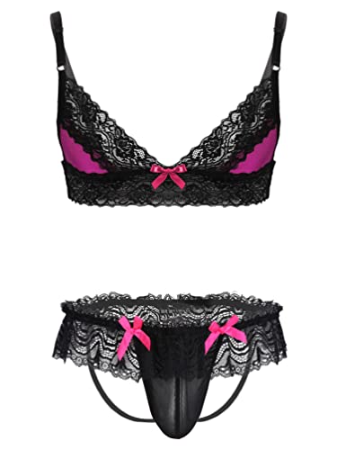 YiZYiF Herren Sissy Dessous Unterwäsche Spitze Satin BH G-String Lace Rock Set Männer Reizwäsche Verführerische Schlafanzug Rosa C XL