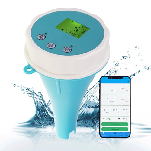 6-in-1 Floating Smart Pool Monitor, Bluetooth-Pool-Wassertester für EC, Salzgehalt, pH-Wert, ORP, Temperatur und Chlor, digitaler Display-Wasserqualitätstester