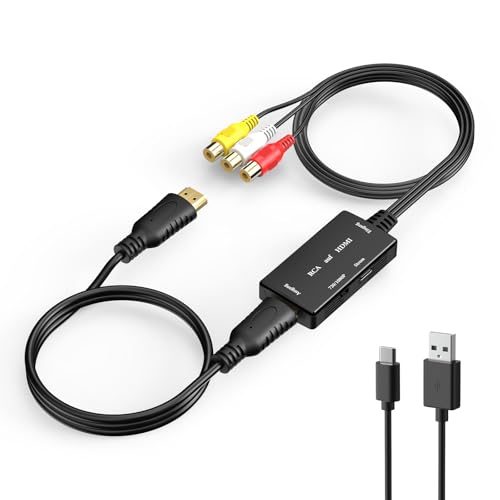 QIBOX RCA auf HDMI, 1080P Cinch auf HDMI Adapter, Composite AV to HDMI Video Audio Converter mit HDMI-Kabel, HDMI Adapter Kompatibel mit PS2/WII/WII U/N64/SNES/Xbox/VHS/VCR/DVD, Unterstützt PAL/NTSC