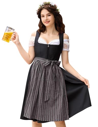 KOJOOIN Damen Dirndl Midi Trachtenkleid 3tlg.für Oktoberfest inkl.Dirndl Kleid,Dirndlschürze,Dirndlbluse(Verpackung MEHRWEG)