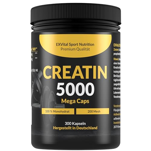 Creatin 5000 Mega Caps, workout booster, 5000 mg Creatin Monohydrat pro Tagesdosis, 300 vegane Kapseln, 100% rein mit Mesh Faktor 200- Halal & Vegan