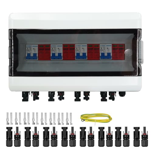 GTYORUS Boîte Photovoltaïque,DC überspannungsschutz PV Solar Trennschalter mit Solarstecker 4 String 500V Photovoltaik DC Leitungsschutzschalter Blitzschutz Erdung für PV Anlage(4 in 4 out,40A)