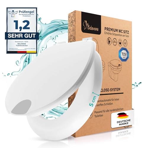 BELAVENA® WC Sitzerhöhung 5cm inkl. Absenkautomatik für bequemes Sitzen & Aufstehen/Erhöhter Toilettensitz aus Duroplast bis 200 kg belastbar