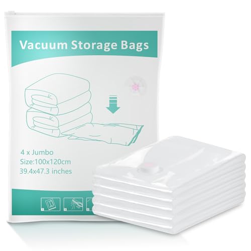 4 Stück Vakuumbeutel für Kleidung Bettdecken, 120 * 100cm Jumbo Vakuum-Kompressions-Aufbewahrungsbeutel mit doppeltem Reißverschluss für Kleidung/Bettdecken transparent-80% mehr Stauraum