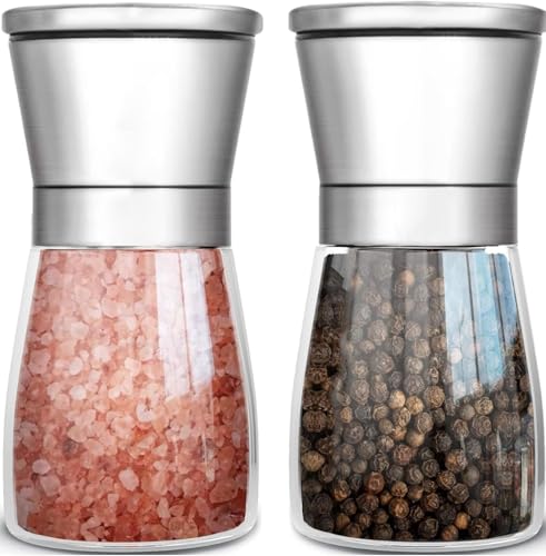 2 Stück Salz und Pfeffermühle - Pfeffermühle - Salzmühle, aus Edelstahl und Glas, mit einstellbarem Keramikmahlwerk, geeignet zum Mahlen und Nachfüllen von Salz, Pfeffer und Chili