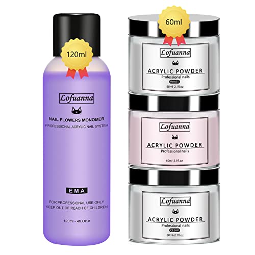 Lofuanna Acryl Nagelset Acrylpulver und Flüssigkeiten Set,120ml Acryl liquid Monomer,60g 3 Farben(Klar,Weiß ,Rosa) Acrylpulver für Acrylnägel Starterset(Set1)