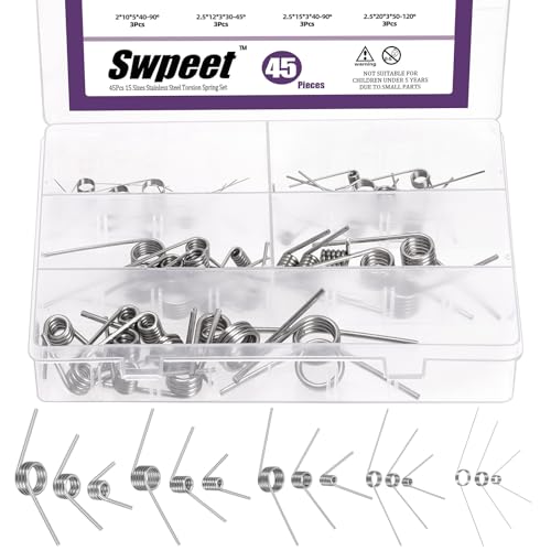 Swpeet 45P Stainless Steel Small Torsion Spring 15 Größen 45/90/120 Grad Edelstahl Torsionsfedern Sortiment Kit, mechanische kleine Torsionsfeder für Heimreparatur Holzbearbeitung DIY Projekt