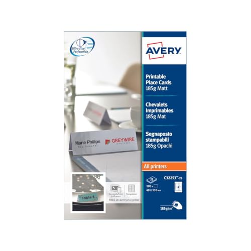 AVERY Zweckform C32253-25 Tischkarten (100 Stück, 185g, 110x40 mm, blanko, beidseitig bedruckbar, matt weiß, extra feine Mikroperforation, 25 Blatt) zum Selbstbedrucken auf allen Druckern