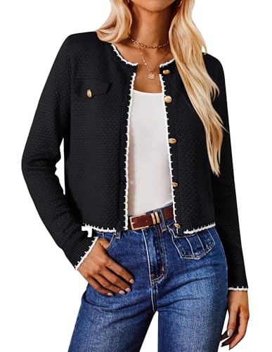 Damen Elastische Strickjacke 2024 Langarm Büro Jacke Slim Fit Shrug Retro Rundhals Strickjacke Lässige Cardigan Solid Shrug Schwarz M