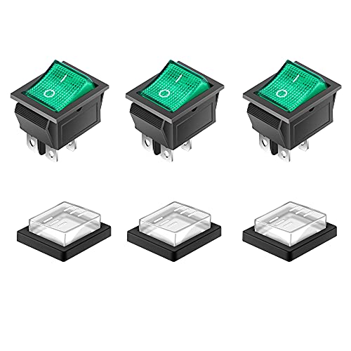 HOMEJOY 3 Stück 4 Pins 2 Positionen On/Off Wasserdicht LED beleuchtet Wippschalter Mini Boot DPST AC 250 V 16 A 125 V 20 A, grün