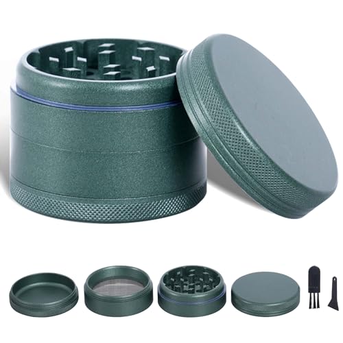 TIRIRS 5,5 cm 4 Stück Premium Kräutermühle - Aluminium Große Gewürzmühle mit Pollenfänger, Nano-Keramik beschichtetes Gewürz Mil,Kommt mit Pollenschaber und Reinigungsbürste, Grün
