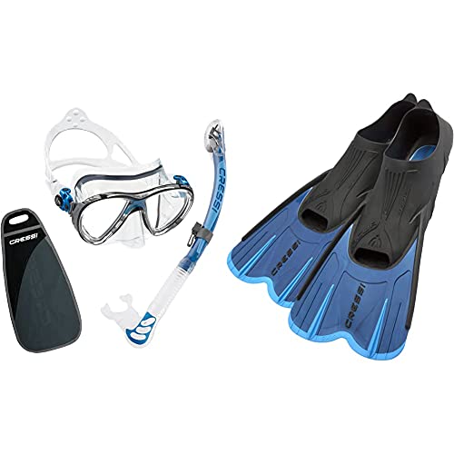 Cressi Big Eyes Evo Alpha Ultra Dry Schnorchelset Schnorcheln Set mit Schnorchel und Taucherbrille & Agua Short Flossen Kurze Schnorchel- und Schwimmflossen, Blau, 43/44