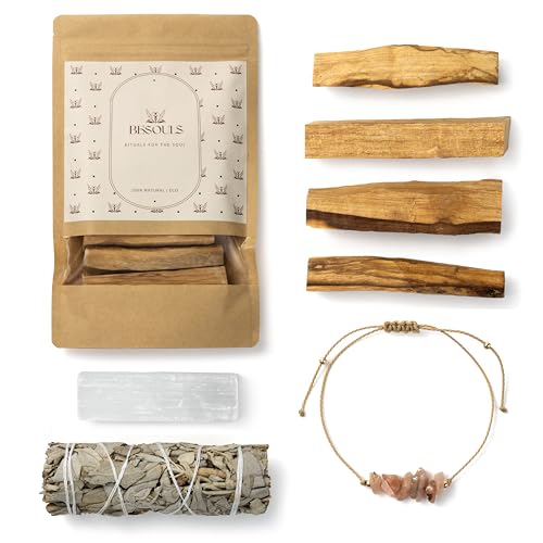 BESOULS Premium Räucherset Hausreinigung: 1 Weißer Salbei zum Räuchern 4-6 Palo Santo Räucherholz aus Peru 1 Selenit Geschenkarmband spirituelle Geschenke weißer Salbei räuchern White sage
