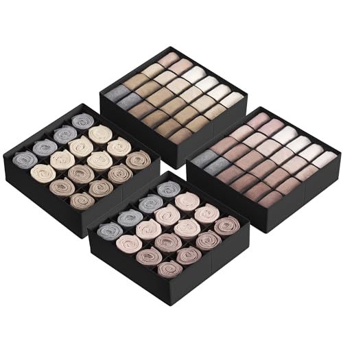SONGMICS Unterwäsche-Organizer 4er Set, 80 Fächer (2x16+2x24), Schubladen-Organizer faltbar, Ordnungssystem Kleiderschrank, Aufbewahrungsboxen, Socken, Unterwäsche, Krawatten, tintenschwarz RUS011B01