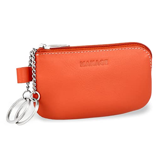 MANAGE Leder Schlüsseletui Orange mit Münzfach und Schlüsselring - Schlüsselmäppchen mit Reißverschluss Damen und Herren für Schlüssel Autoschlüssel - keychain Schlüsseltasche Orange