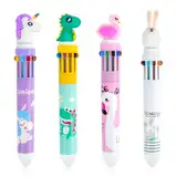 4 Stück 10 in 1 Cartoon Druckkugelschreiber, Kugelschreiber Hochwertig, 0,5mm Mehrfarbiger Stifte, 10 Farben Gelschreiber für Schüler,Büro,Kinder,Geschenk (Schwan/Einhorn/Dinosaurier/Kaninchen)