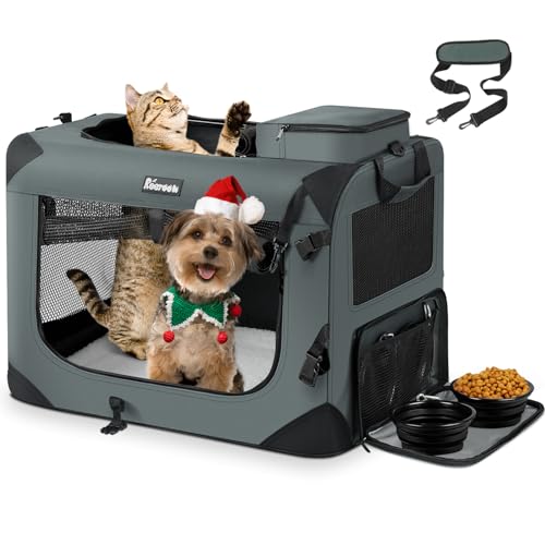 Reerooh Hundebox M 60x42x42cm, Faltbar Hundetransportbox Inkl.Hundenapf, Tragbare Hundetasche für Reisen, Hunde und Katzen Auto Haustiertransportbox (Grau, M)