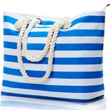 KALIDI Große Strandtasche mit Reißverschluss Wasserdicht Badetasche Strandtasche XL Familie Beach Tote Bag mit Reißverschluss Große Shopper Damen Sporttasche Schultertasche, Streifen Blau Weiß